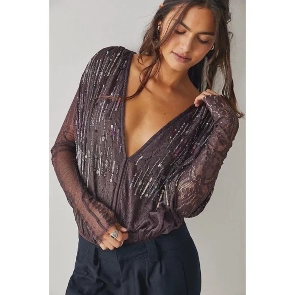 Free People Intimates Purple Brown Sequin Bodysuit NWOT